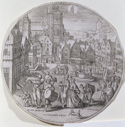 Januar, zeigt Bürger, die den Dreikönigstag auf dem Marktplatz von Bergen feiern, aus einem Satz von zwölf 