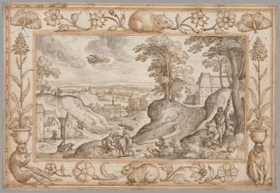 Landschaft mit dem Opfer des Isaak innerhalb eines dekorativen Rahmens aus Pflanzen und Tieren von Hans Bol