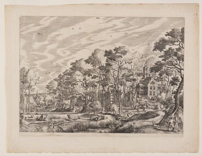 Ansicht eines Dorfes mit einer Burg rechts, Platte 1 aus Landschaften mit Ansichten von Dörfern von Hans Bol