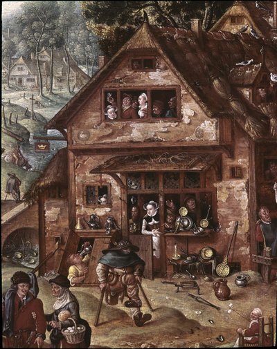 Ansicht des Dorfes mit burlesken Szenen. Detail der Taverne von Hans Bol