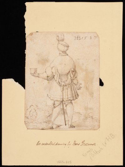 Mann mit Federhut von hinten gesehen, hält eine Tasse in der linken Hand von Hans Brosamer