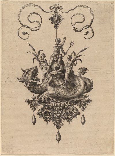 Entwurf für ein Anhänger mit einem Meeresmonster, das Neptun trägt, flankiert von zwei Nereiden von Hans Collaert the Elder