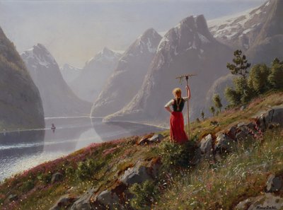 Mädchen mit Rechen in Fjordlandschaft von Hans Dahl