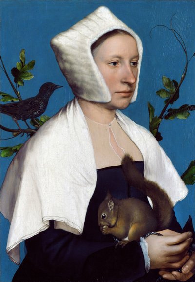 Dame mit einem Eichhörnchen und einem Star, ca. 1526-28 von Hans Holbein der Jüngere
