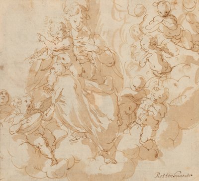 Recto: Die Jungfrau und das Kind auf Wolken sitzend, umgeben von Putti von Hans I or Johann Rottenhammer