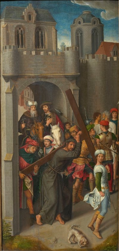 Kalvarien-Triptychon: Christus trägt das Kreuz, linker Flügel, 1480er Jahre von Hans Memling