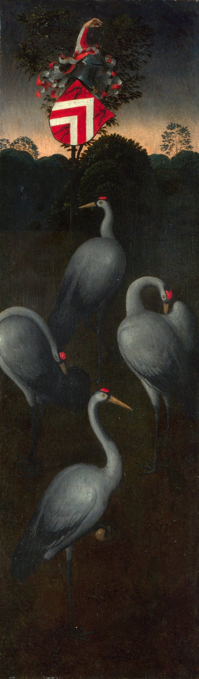 Kraniche mit dem Wappen der Familie Pagagnotti (Rückseite eines Panels eines Triptychons) von Hans Memling