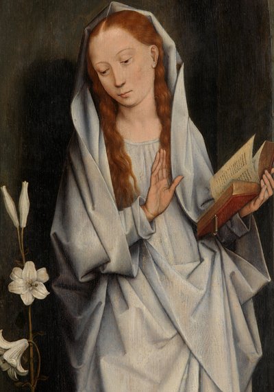 (Detail) der Jungfrau, von der Rückseite eines Flügelpaares, das die Verkündigung zeigt von Hans Memling