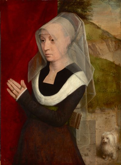 Betende Frau mit ihrem Hund, von Hans Memling (1433/40-1494). Öl auf Holz von Hans Memling