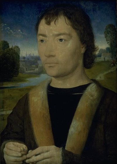 Porträt eines jungen Mannes mit Rosenkranz von Hans Memling