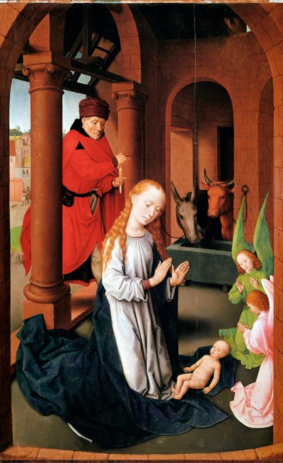 Die Geburt Christi. Linkes Panel des Triptychons der Anbetung von Hans Memling