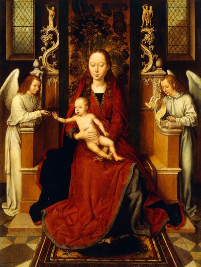 Die Jungfrau und das Kind auf dem Thron mit zwei Engeln von Hans Memling