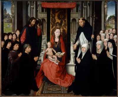 Die Jungfrau und das Kind zwischen dem heiligen Jakobus und der heiligen Dominica, die Stifter präsentieren von Hans Memling