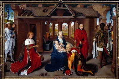 Triptychon der Anbetung der Könige: Mittelteil. Die Weisen sind wie Karl der Kühne und Philipp der Gute. Detrempe auf Holz von Hans Memling (1433-1494). ca. 1470, Madrid, Prado-Museum von Hans Memling
