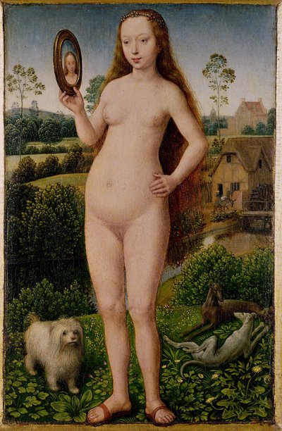Eitelkeit, zentrales Panel aus dem Triptychon der irdischen Eitelkeit und göttlichen Erlösung, um 1485 von Hans Memling