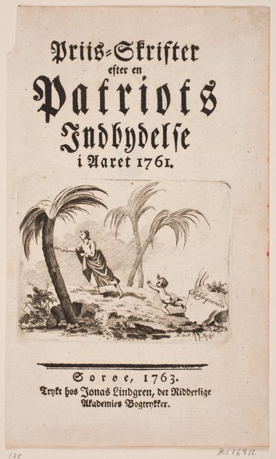 Titelblatt mit Vignette zu "Priis-Skrifter efter en Patriots Indbydelse i Aaret 1761" von Hans Quist