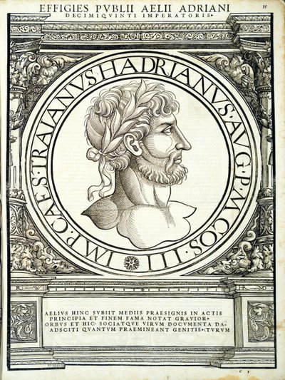 Aelius Hadrianus, Illustration aus Imperatorum romanorum omnium orientalium et occidentalium verissimae imagines ex antiquis numismatis von Hans Rudolf Manuel Deutsch