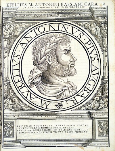 Heliogabalus, Illustration aus Imperatorum romanorum omnium orientalium et occidentalium verissimae imagines ex antiquis numismatis von Hans Rudolf Manuel Deutsch