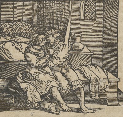 Spinneloccio in einer Truhe eingeschlossen, auf der seine Frau und Zeppa sitzen, vor 1534 von Hans Schäufelein the Elder