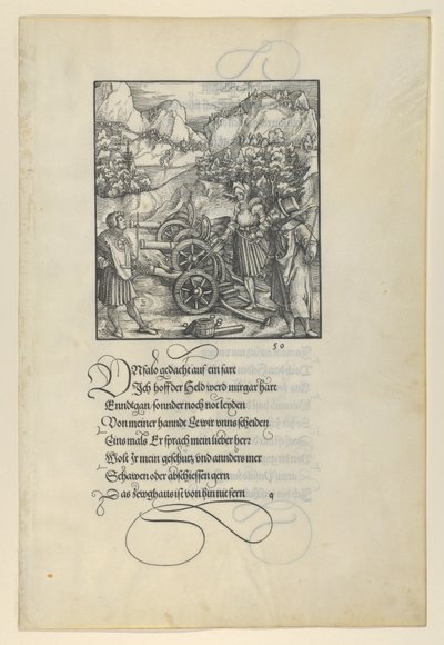 Unfalo gefährdet Theuerdanck, verursacht die Explosion von drei Kanonen, aus Theuerdan..., 1517 von Hans Schäufelein the Elder