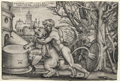 Die Arbeiten des Herkules: Herkules erwürgt den Nemeischen Löwen von Hans Sebald Beham