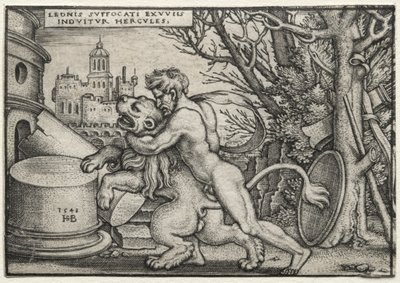 Die Arbeiten des Herkules: Herkules erwürgt den nemeischen Löwen von Hans Sebald Beham