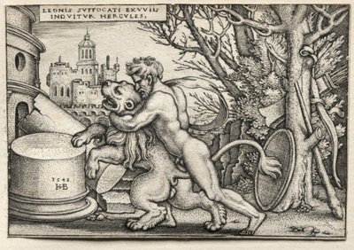 Die Arbeiten des Herkules: Herkules erwürgt den nemeischen Löwen von Hans Sebald Beham