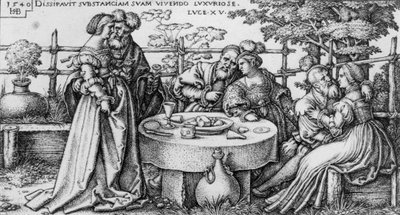 Der verlorene Sohn verschwendet sein Vermögen, aus der Serie "Die Geschichte des verlorenen Sohnes" von Hans Sebald Beham