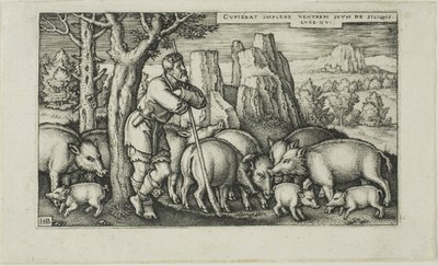 Der verlorene Sohn bei den Schweinen, Platte drei aus Die Geschichte des verlorenen Sohnes von Hans Sebald Beham