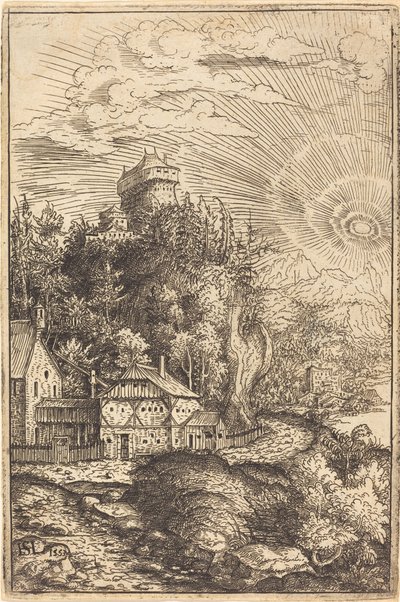 Landschaft mit einem Schloss und strahlender Sonne von Hans Sebald Lautensack