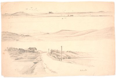 Studienblatt mit drei Landschaften aus Jütland. Oben: Landschaft mit Acker; Mitte: Landschaft mit hohen Hügeln; Unten: Landschaft mit Haus und Weg von Hans Smidth