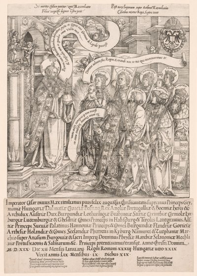Maximilian wird von seinen Schutzheiligen dem Allmächtigen vorgestellt, 1519 von Hans Springinklee