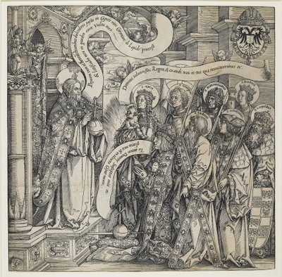 Maximilian wird von seinen Schutzheiligen dem Allmächtigen vorgestellt, 1519 von Hans Springinklee
