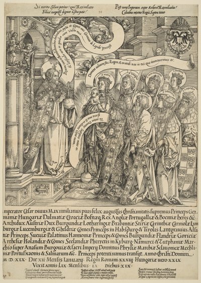 Der Kaiser Maximilian wird von seinen Schutzheiligen Christus vorgestellt von Hans Springinklee