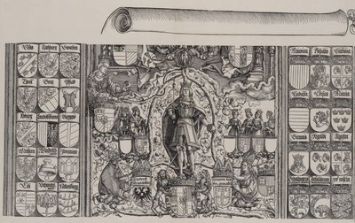 Der obere Teil der Genealogie von Maximilian, mit dem rechten Rand der Schriftrolle von Hans Springinklee