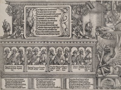 Der obere Abschnitt des linken Portals, mit der Inschrift auf einer Löwenhaut, ein Fries mit B..., 1515 von Hans Springinklee