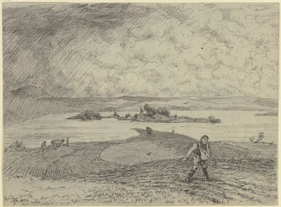 Landschaft mit Sämann, im Hintergrund ein See mit Insel von Hans Thoma