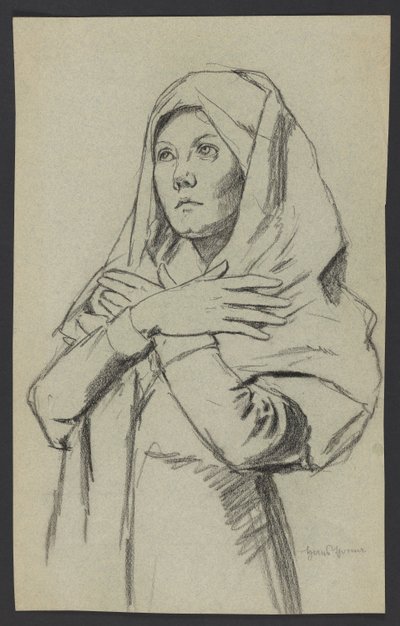 Studie einer jungen Frau in einem langen Schal, mit verschränkten Armen auf der Brust von Hans Thoma