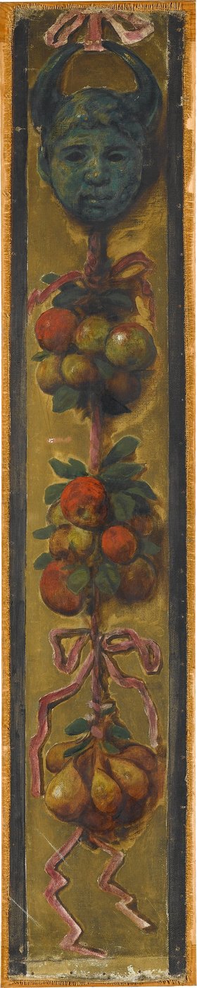 Wandfries aus dem Musiksaal des Hauses Pringsheim, München: Gehörnte Maske mit drei Apfel- und Birnenbündeln von Hans Thoma