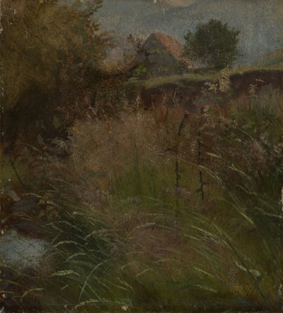 Wiese, im Hintergrund ein Bauernhaus von Hans Thoma