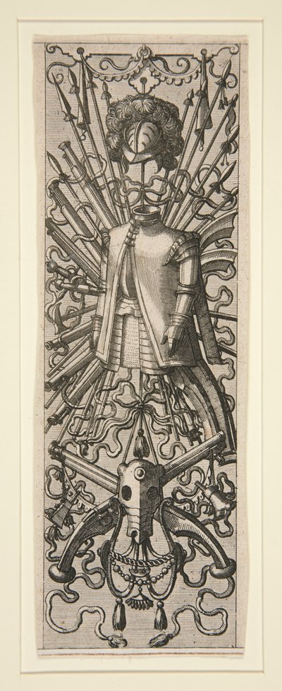 Ein Blatt aus einem Satz von 16 Paneeldekorationen und Friesen mit Trophäen von Hans Vredeman de Vries