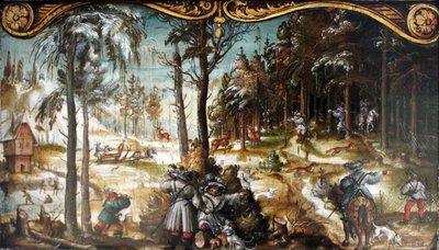 Zwei Tafeln aus einer Folge von Bildern des Landlebens: Fuchs- und Hirschjagd im Winter von Hans Wertinger