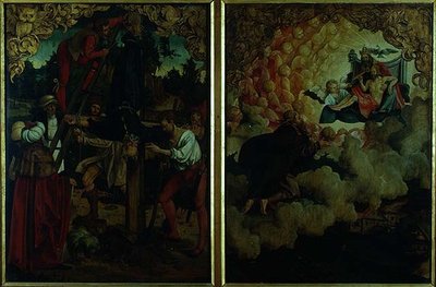 Geschichten von S.S. Peter und Paul Altarbild: Detail zeigt LtoR Kreuzigung des St. Peter, St. Paul steigt in den Himmel auf (Detail) von Hans von Klumbach
