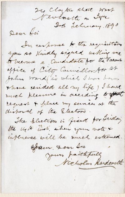 Brief von Nicholas Hardcastle zur Annahme der Einladung als Stadtrat für St. John