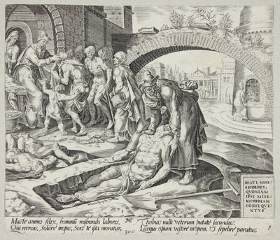 Selig sind die Barmherzigen. Tobit begräbt die Toten, kleidet die Nackten und speist die Hungrigen von Harmen Jansz. Muller
