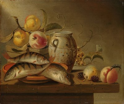 Stillleben mit irdenem Krug, Fisch und Obst von Harmen Steenwijck