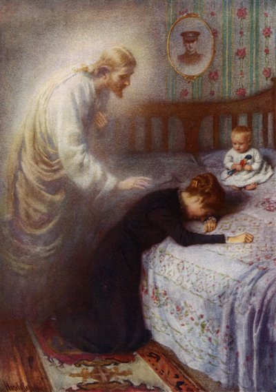 Christus der Tröster: Jesus tröstet eine trauernde britische Kriegswitwe von Harold Copping