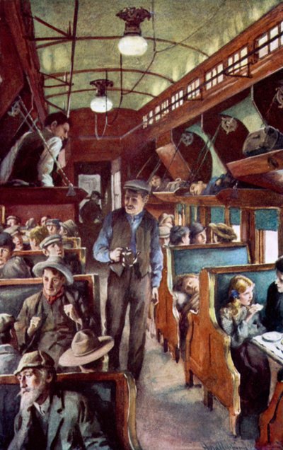 Einwanderer reisen durch Kanada in einem Kolonistenwagen der CPR von Harold Copping