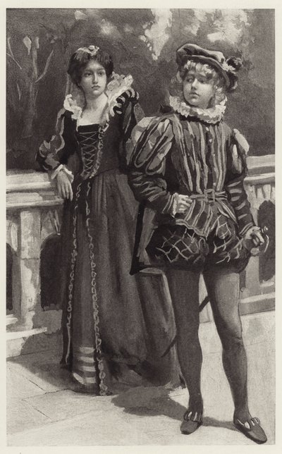 Viola eilte davon und drohte, nie wieder zu kommen, um Orsinos Liebe zu bitten von Harold Copping