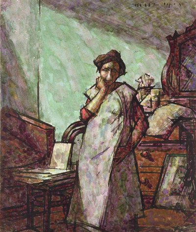 Innenraum mit Mrs. Mounter in einem Kittel von Harold Gilman